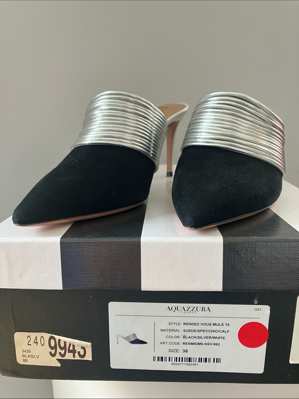Aquazzura Black and Silver Pointed Mules